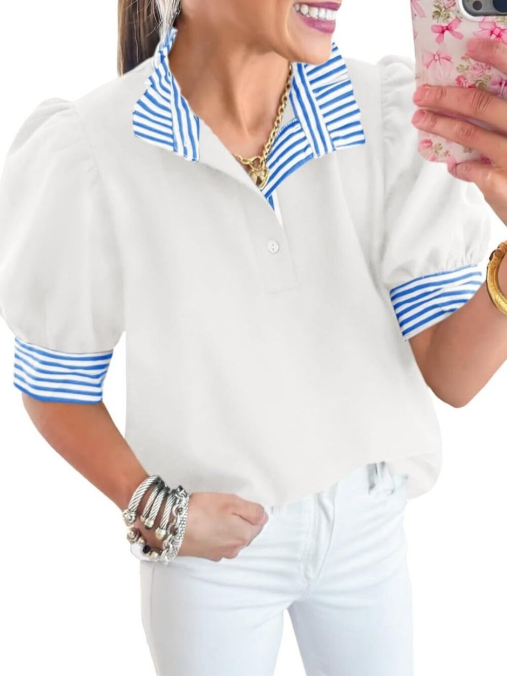 Summer V Neck Striped Puff Sleeve Tops | Loose Fit Polo Shirts for Women